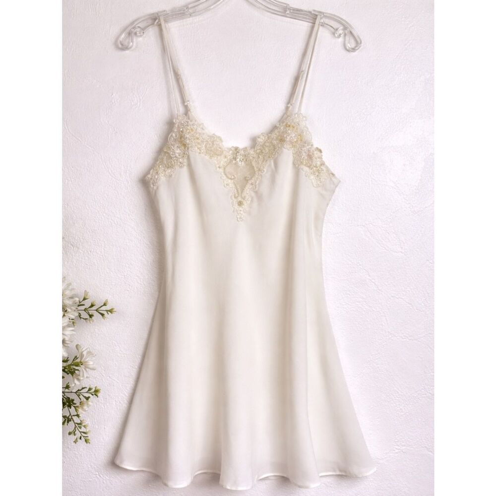 Dentelle White Lace Trim Slip Dress Adjustable Straps Nightgown Size S Vintage